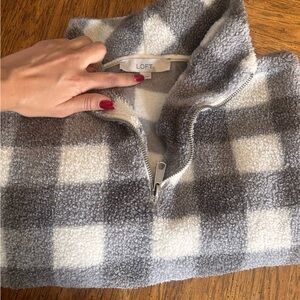 LOFT Checkered Fleece Pullover in Gray/brown and White